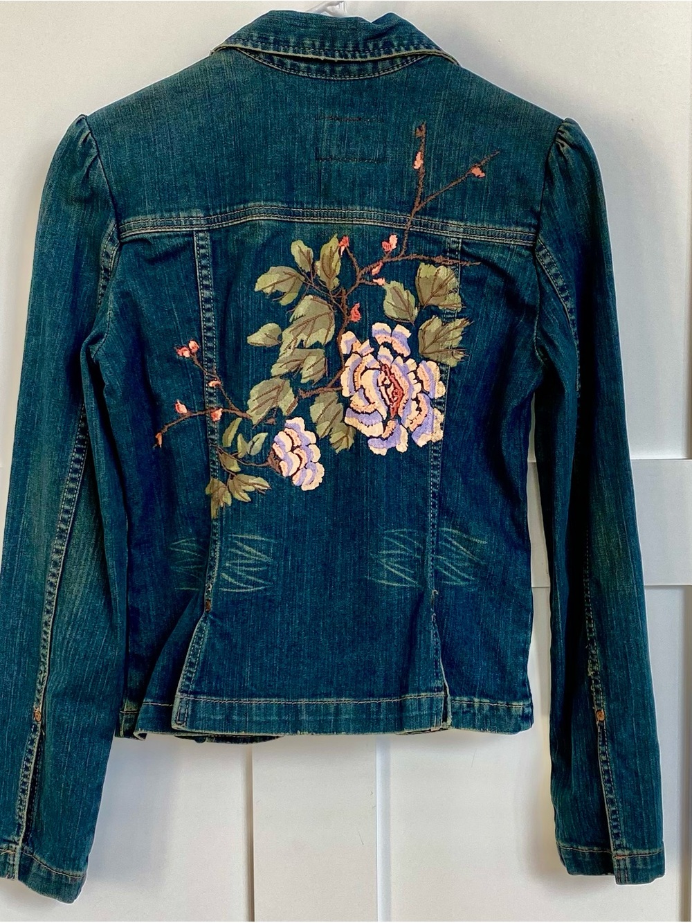 Calvin Klein Jeans Dark Blue Denim Jacket with Embroidered Floral Back 80s vibes